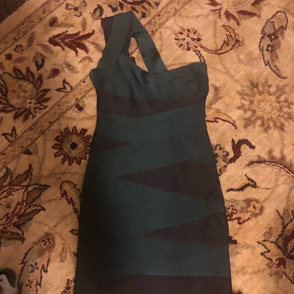 Herve Leger one shoulder green and black dress